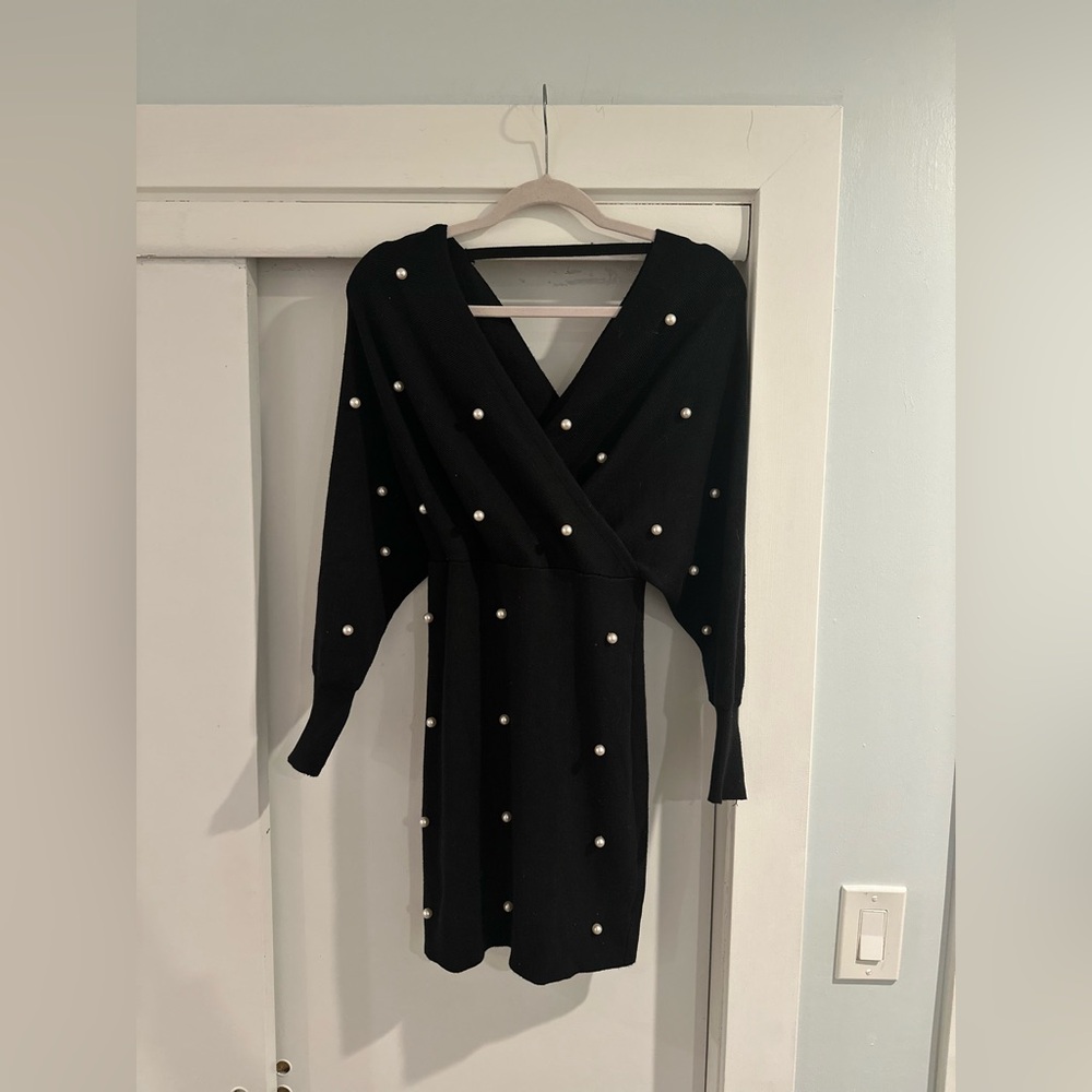 HWA Apparel - Black Pearl Embellished Sweater Dress